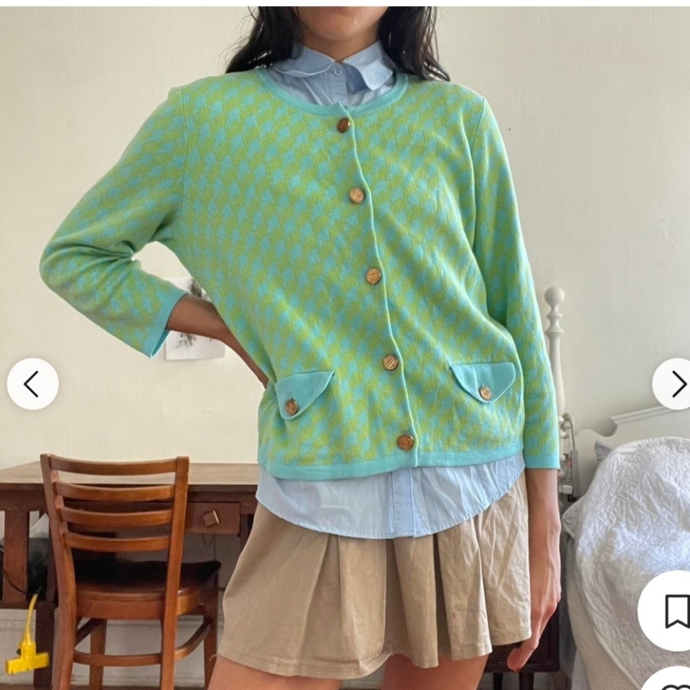 LILY PULITZER VINTAGE WOMEN'S GREEN AND BLUE HOUNDSTOOTH CARDIGAN SIZE MEDIUM